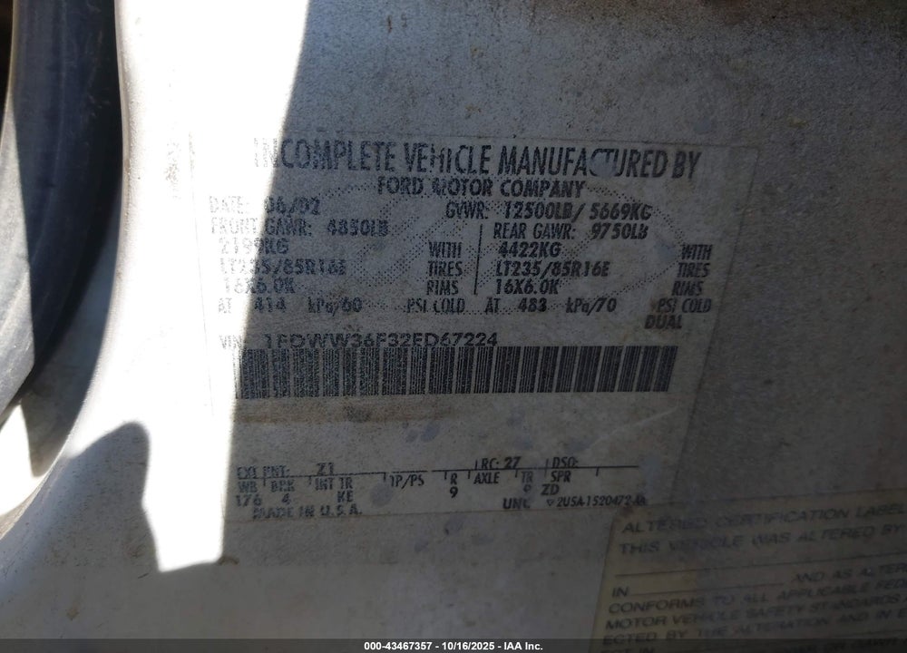 2002 FORD F 350 VIN: 1FDWW36F32ED67224