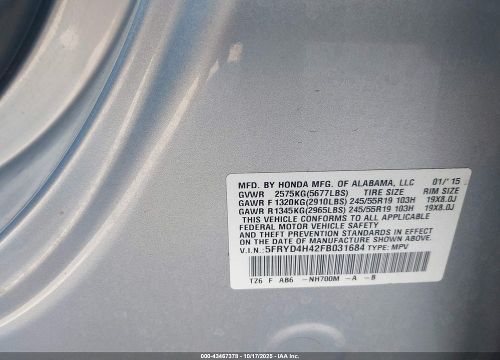 2015 ACURA MDX VIN: 5FRYD4H42FB031684