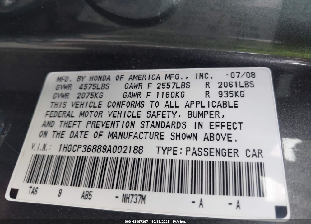 2009 HONDA ACCORD SDN 3.5 EX-L/EX-L VIN: 1HGCP36889A002188