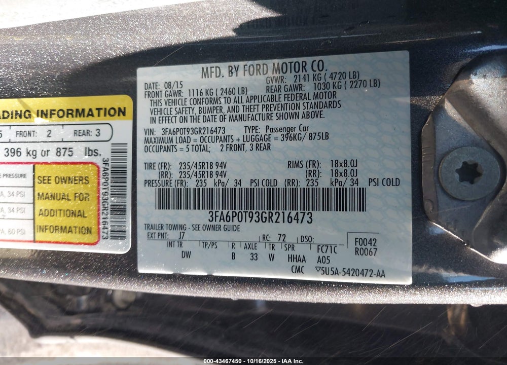 2016 FORD FUSION SE VIN: 3FA6P0T93GR216473