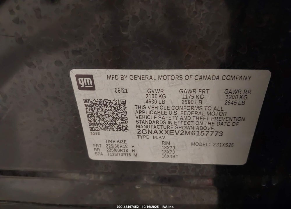 2021 CHEVROLET EQUINOX AWD PREMIER VIN: 2GNAXXEV2M6157773