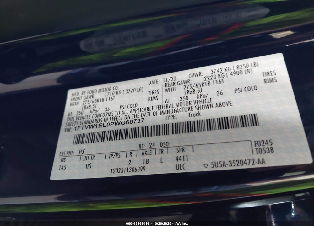 2023 FORD F-150 LIGHTNING VIN: 1FTVW1EL0PWG60737
