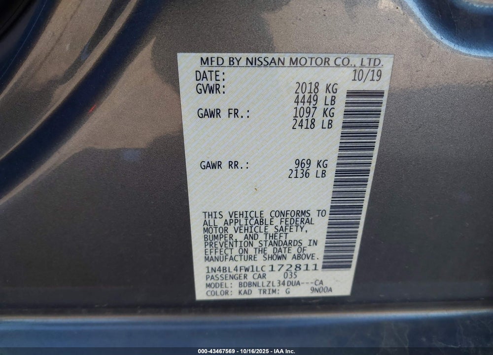 2020 NISSAN ALTIMA PLATINUM INTELLIGENT AWD VIN: 1N4BL4FW1LC172811