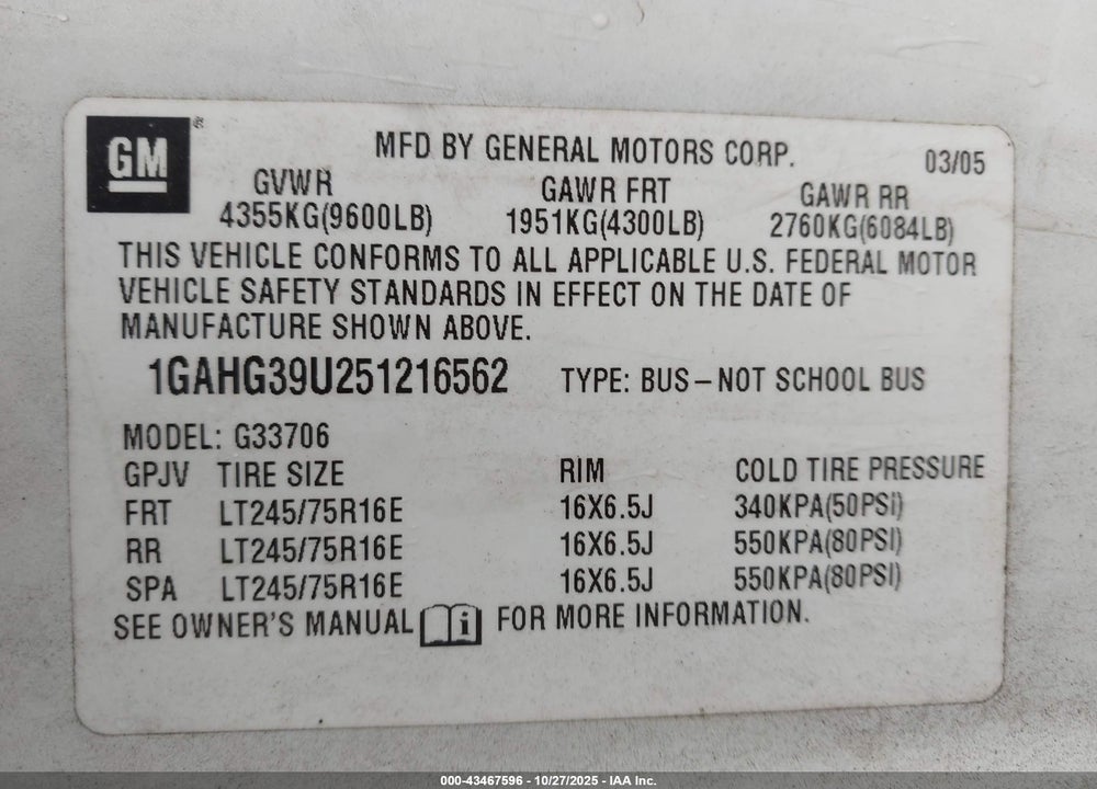 2005 CHEVROLET EXPRESS VIN: 1GAHG39U251216562