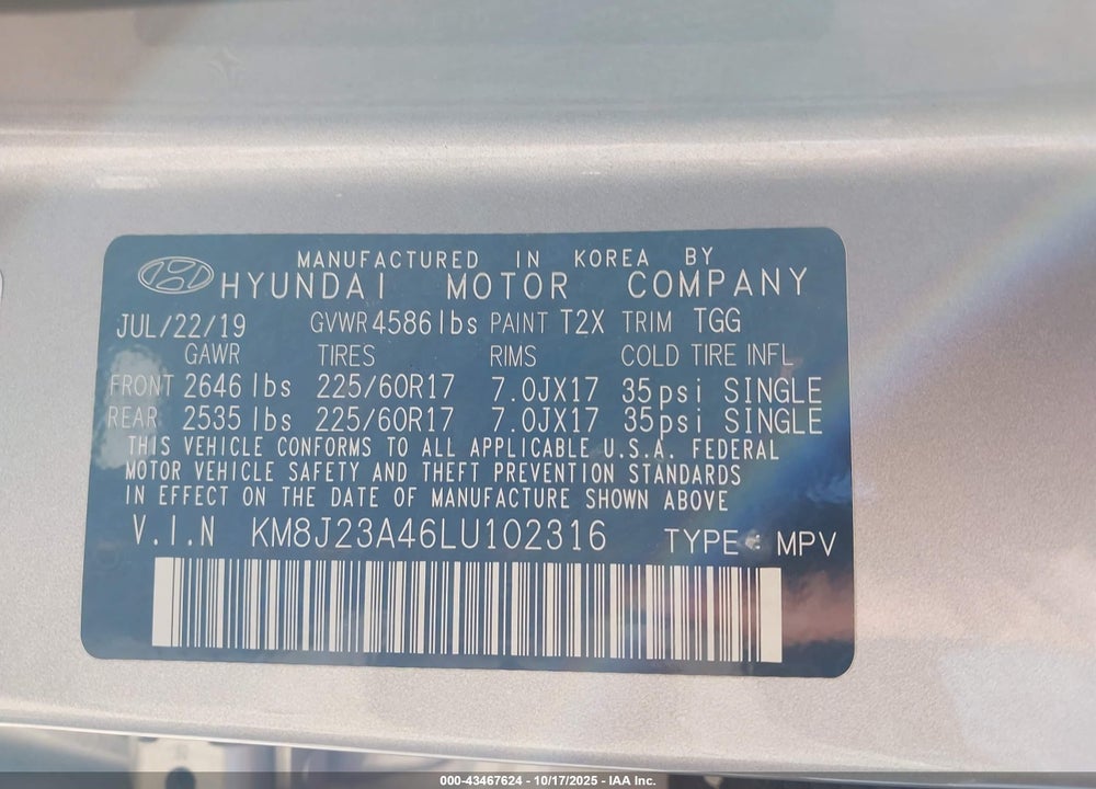2020 HYUNDAI TUCSON SE VIN: KM8J23A46LU102316