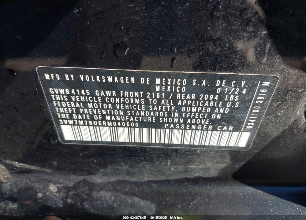 2024 VOLKSWAGEN JETTA VIN: 3VW7M7BU5RM040500