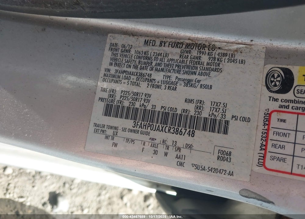 2012 FORD FUSION VIN: 3FAHP0JAXCR386748