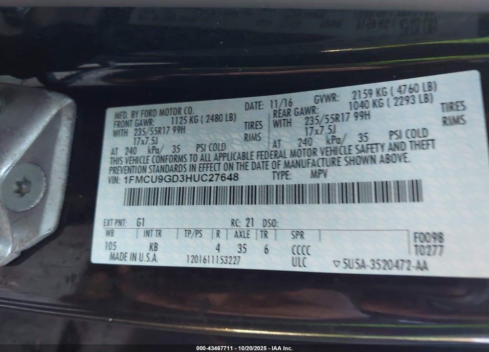 2017 FORD ESCAPE SE VIN: 1FMCU9GD3HUC27648
