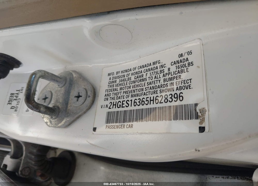 2005 HONDA CIVIC VP VIN: 2HGES16365H628396