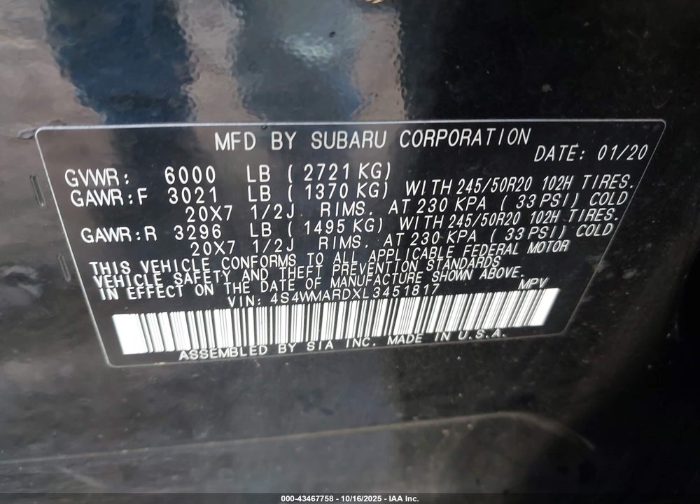 2020 SUBARU ASCENT TOURING VIN: 4S4WMARDXL3451817