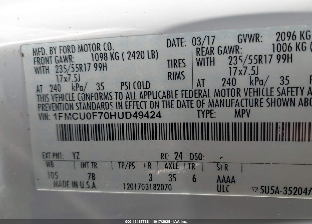 2017 FORD ESCAPE VIN: 1FMCU0F70HUD49424