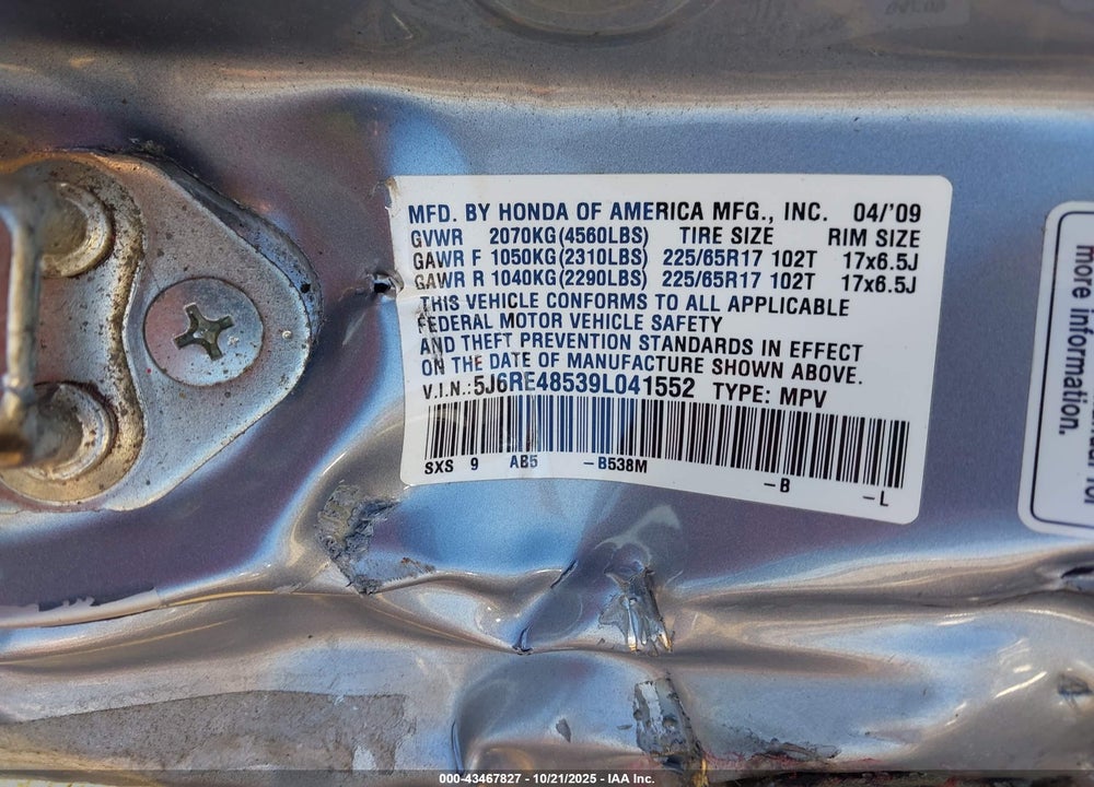 2009 HONDA CR-V EX VIN: 5J6RE48539L041552