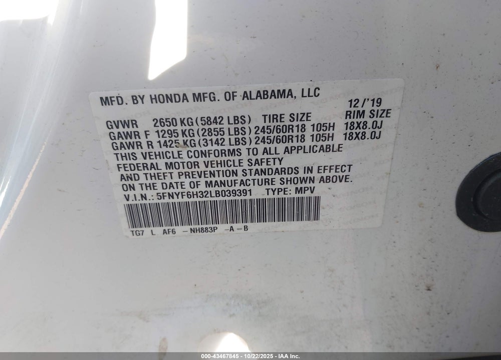 2020 HONDA PILOT AWD EX VIN: 5FNYF6H32LB039391