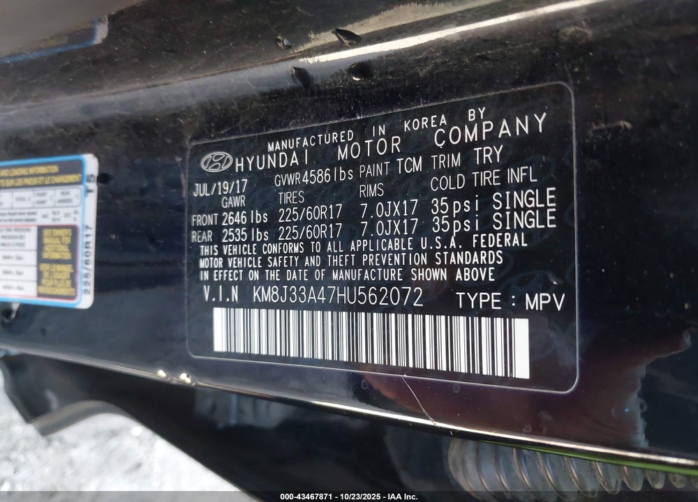 2017 HYUNDAI TUCSON VIN: KM8J33A47HU562072