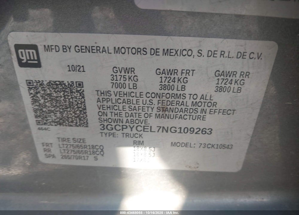 2022 CHEVROLET SILVERADO 1500 LTD 4WD  SHORT BED CUSTOM TRAIL BOSS VIN: 3GCPYCEL7NG109263