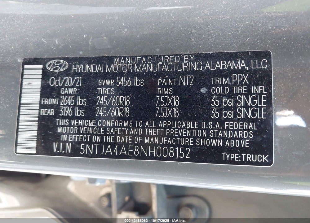 2022 HYUNDAI SANTA CRUZ SE VIN: 5NTJA4AE8NH008152