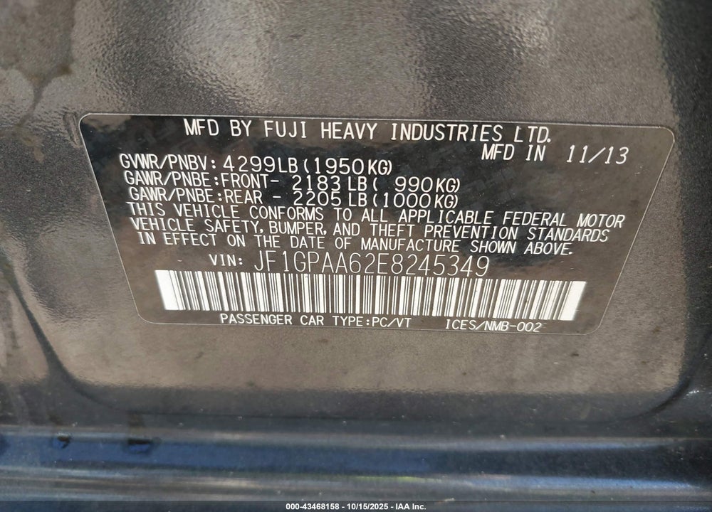 2014 SUBARU IMPREZA 2.0I VIN: JF1GPAA62E8245349