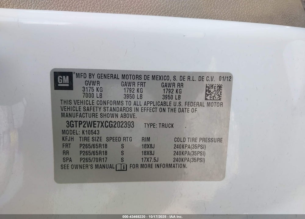 2012 GMC SIERRA 1500 VIN: 3GTP2WE7XCG202393