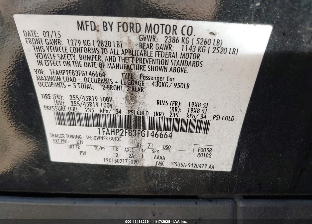 2015 FORD TAURUS VIN: 1FAHP2F83FG146664