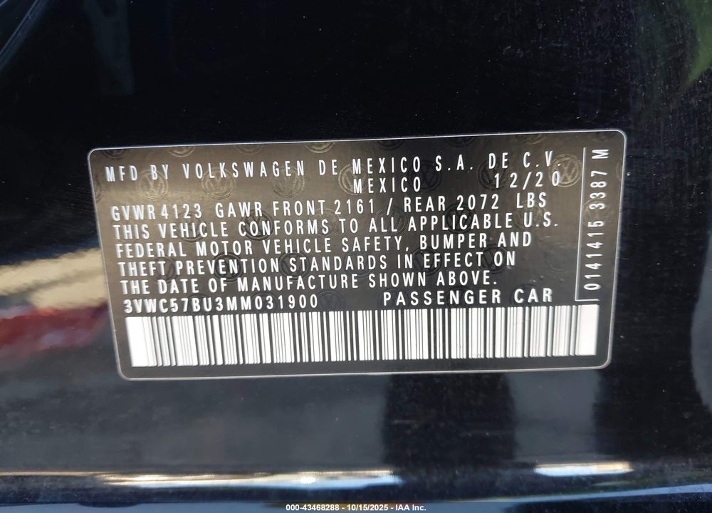 2021 VOLKSWAGEN JETTA 1.4T R-LINE/1.4T S/1.4T SE VIN: 3VWC57BU3MM031900