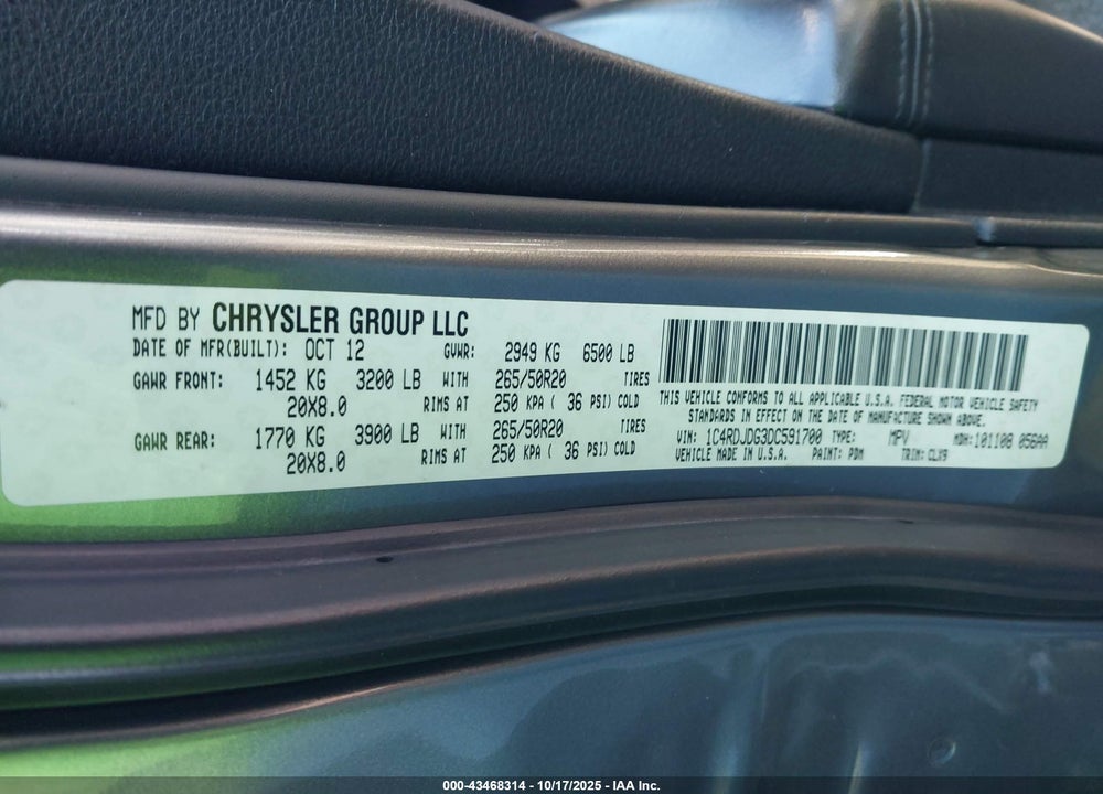 2013 DODGE DURANGO CREW VIN: 1C4RDJDG3DC591700