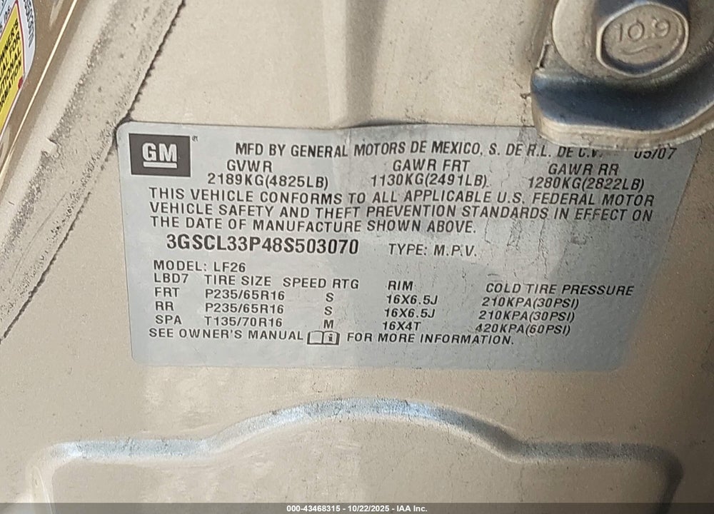 2008 SATURN VUE 4-CYL XE VIN: 3GSCL33P48S503070