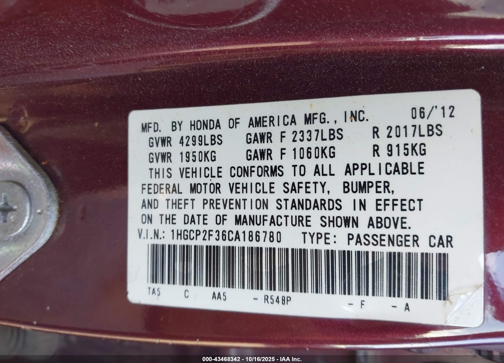 2012 HONDA ACCORD VIN: 1HGCP2F36CA186780