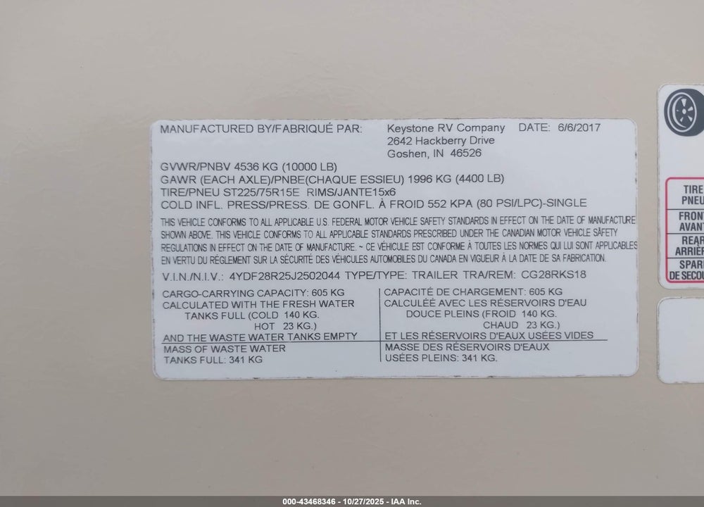 2018 KEYSTONE COUGAR VIN: 4YDF28R25J2502044