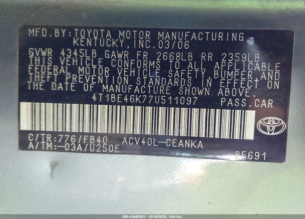 2007 TOYOTA CAMRY LE VIN: 4T1BE46K77U511097