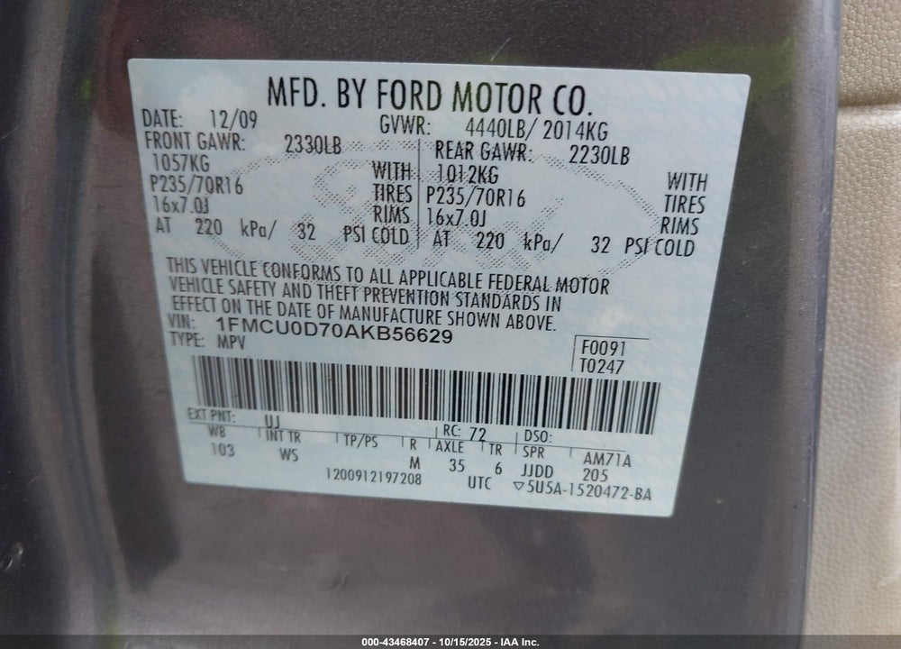 2010 FORD ESCAPE XLT VIN: 1FMCU0D70AKB56629