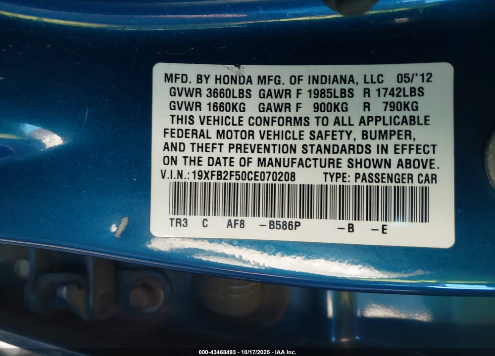2012 HONDA CIVIC LX VIN: 19XFB2F50CE070208