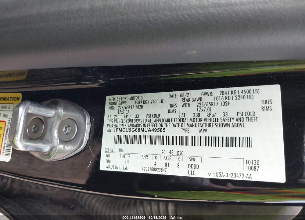 2021 FORD ESCAPE SE VIN: 1FMCU9G68MUA49585