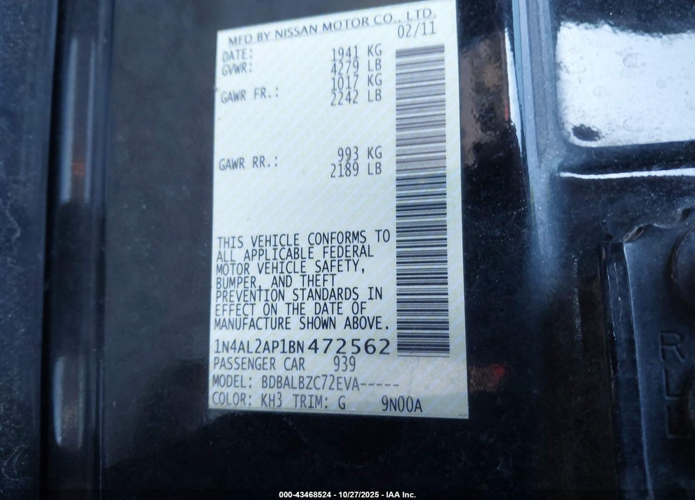 2011 NISSAN ALTIMA 2.5 S VIN: 1N4AL2AP1BN472562