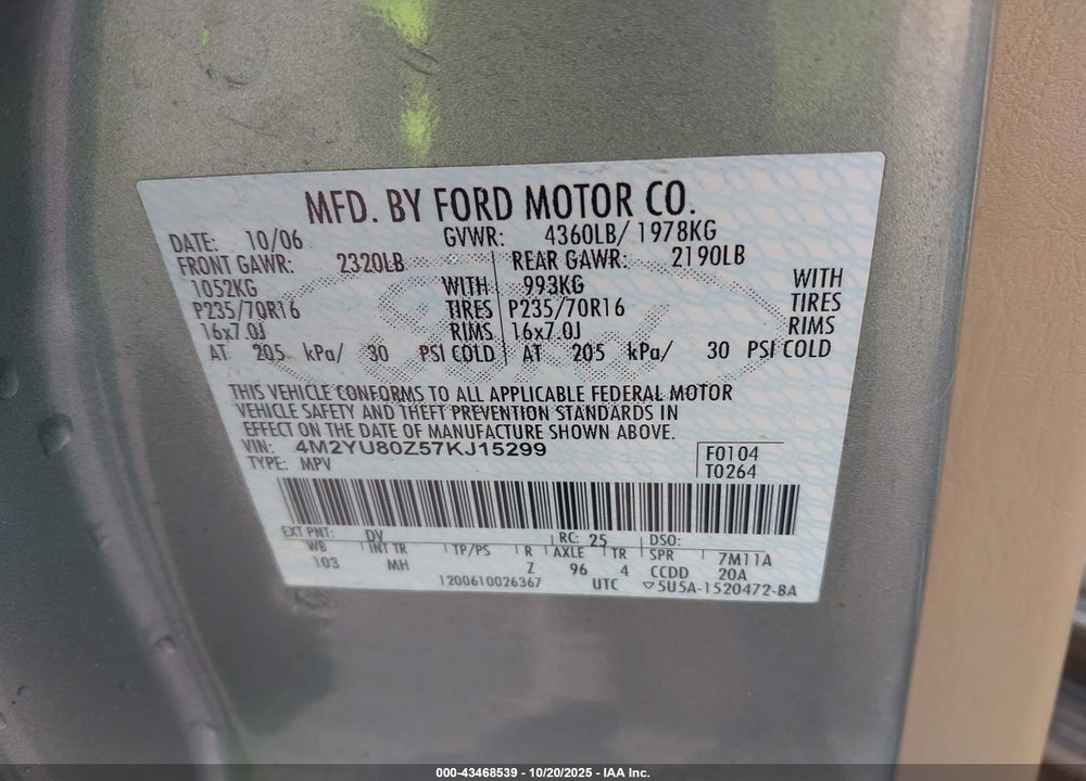 2007 MERCURY MARINER VIN: 4M2YU80Z57KJ15299