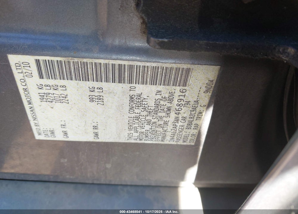 2010 NISSAN ALTIMA VIN: 1N4AL2AP3AN468916
