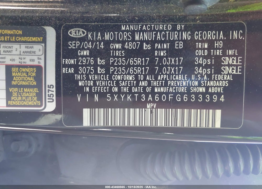 2015 KIA SORENTO LX VIN: 5XYKT3A60FG633394