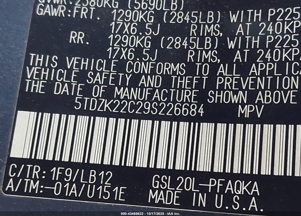 2009 TOYOTA SIENNA XLE VIN: 5TDZK22C29S226684
