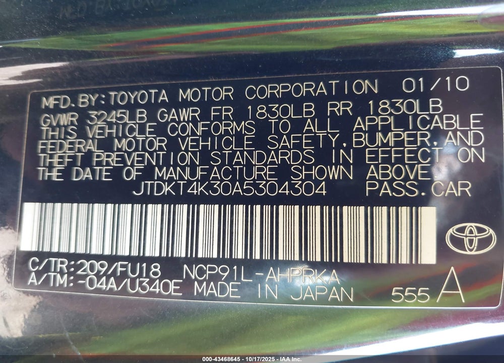 2010 TOYOTA YARIS VIN: JTDKT4K30A5304304