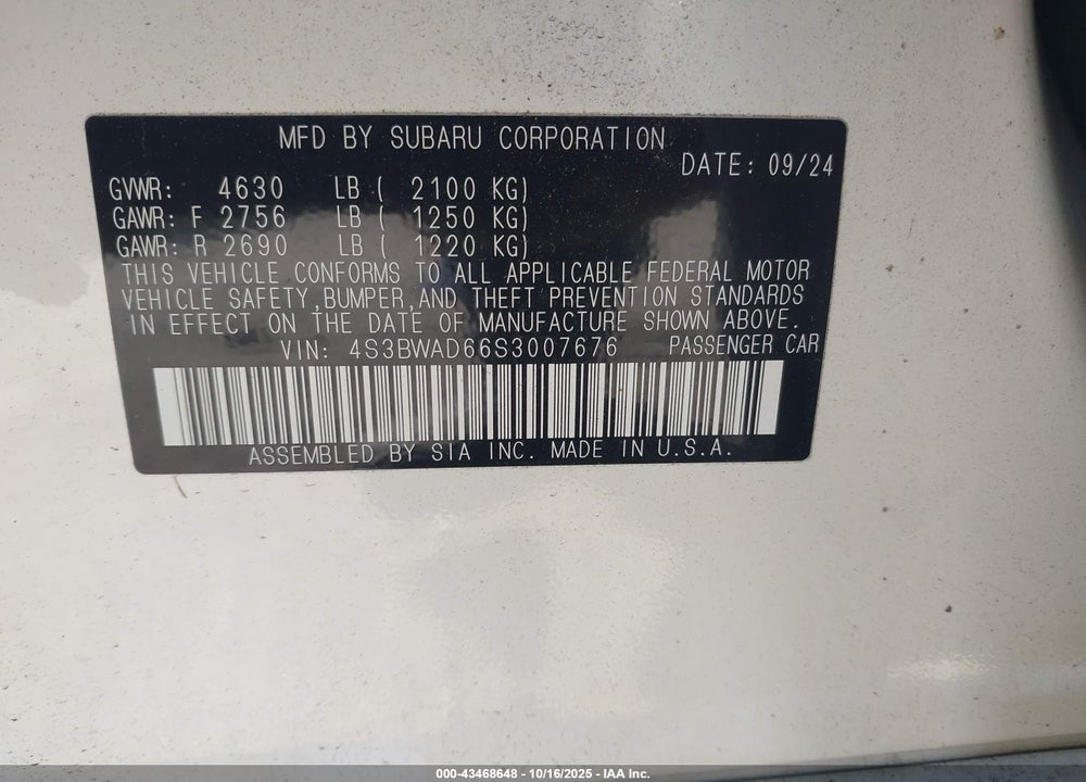 2025 SUBARU LEGACY PREMIUM VIN: 4S3BWAD66S3007676