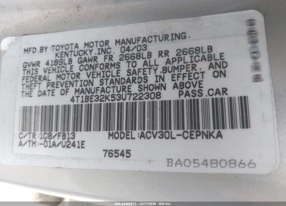 2003 TOYOTA CAMRY VIN: 4T1BE32K53U722308