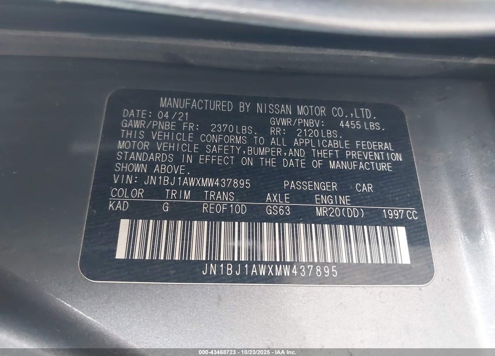 2021 NISSAN ROGUE SPORT S AWD XTRONIC CVT VIN: JN1BJ1AWXMW437895