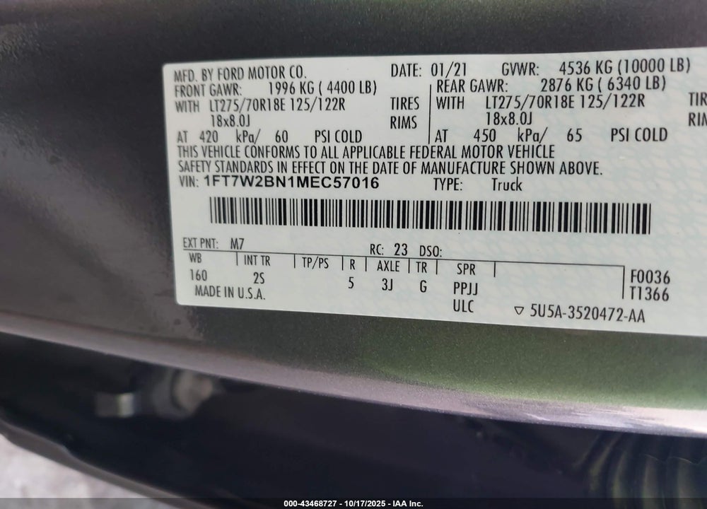 2021 FORD F-250 XLT VIN: 1FT7W2BN1MEC57016