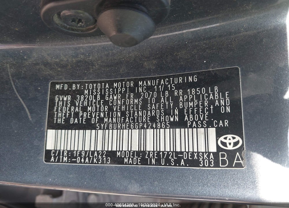 2016 TOYOTA COROLLA S PREMIUM VIN: 5YFBURHE6GP424865