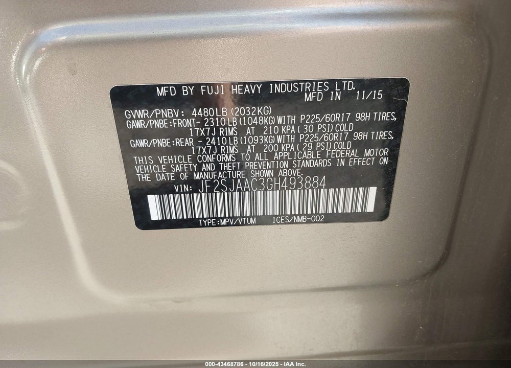 2016 SUBARU FORESTER 2.5I VIN: JF2SJAAC3GH493884