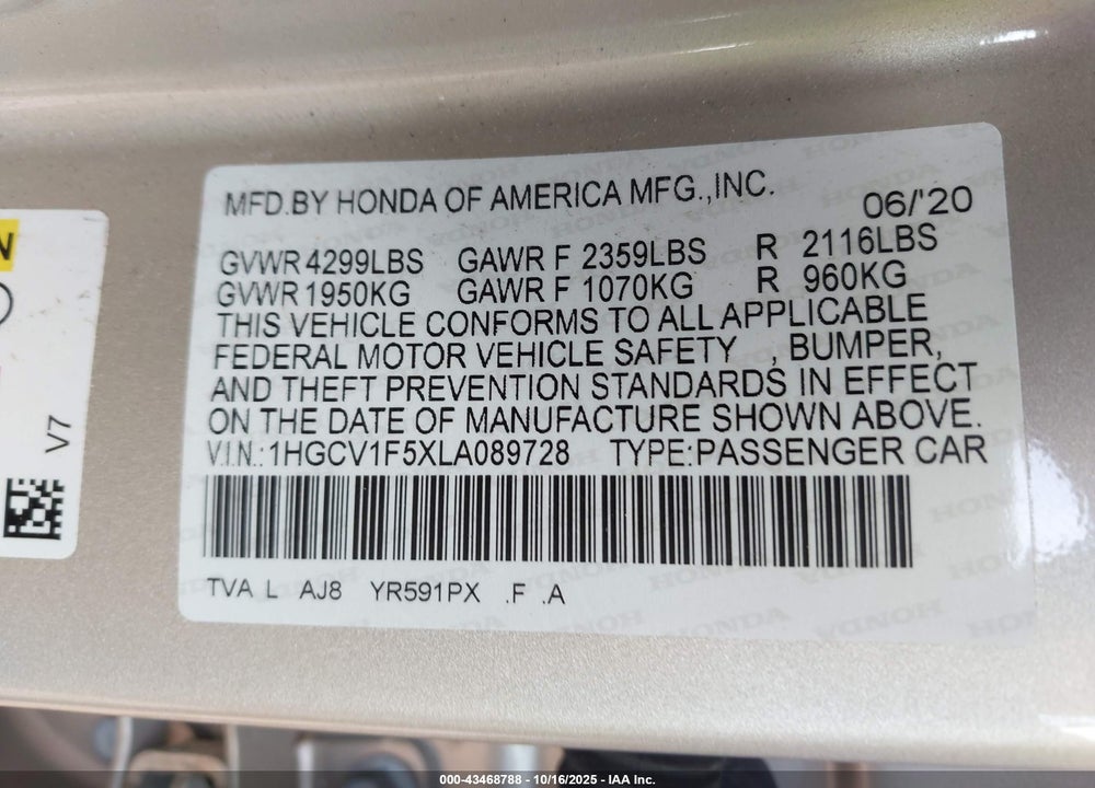 2020 HONDA ACCORD EX-L VIN: 1HGCV1F5XLA089728