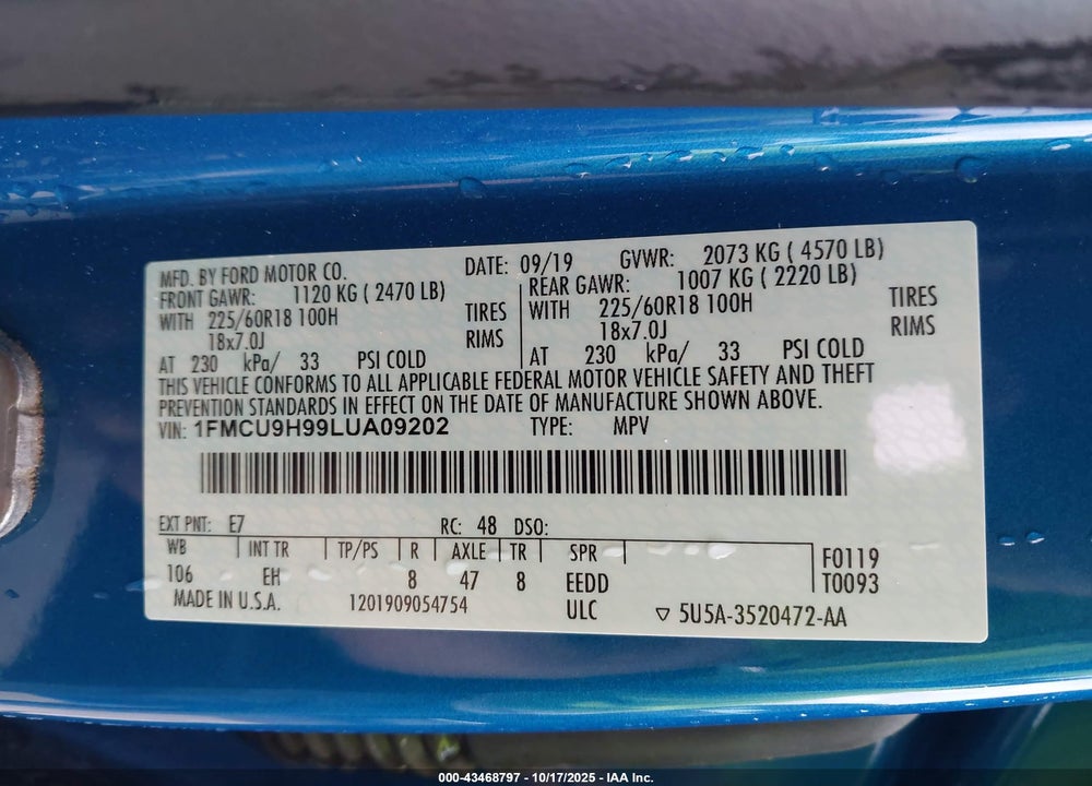 2020 FORD ESCAPE SEL VIN: 1FMCU9H99LUA09202