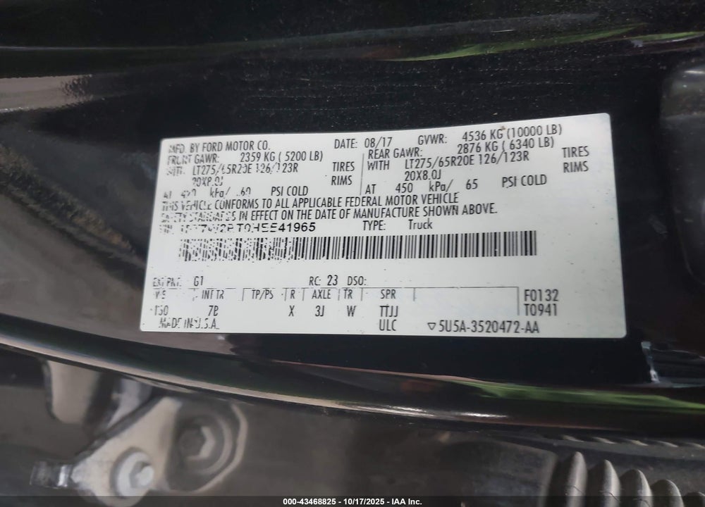 2017 FORD F-250 PLATINUM VIN: 1FT7W2BT0HEE41965