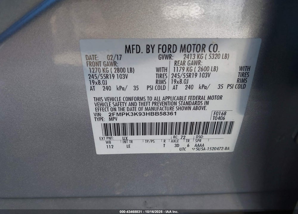 2017 FORD EDGE TITANIUM VIN: 2FMPK3K93HBB58361