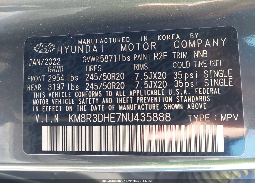 2022 HYUNDAI PALISADE VIN: KM8R3DHE7NU435888