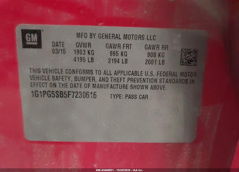 2015 CHEVROLET CRUZE LTZ VIN: 1G1PG5SB5F7230616